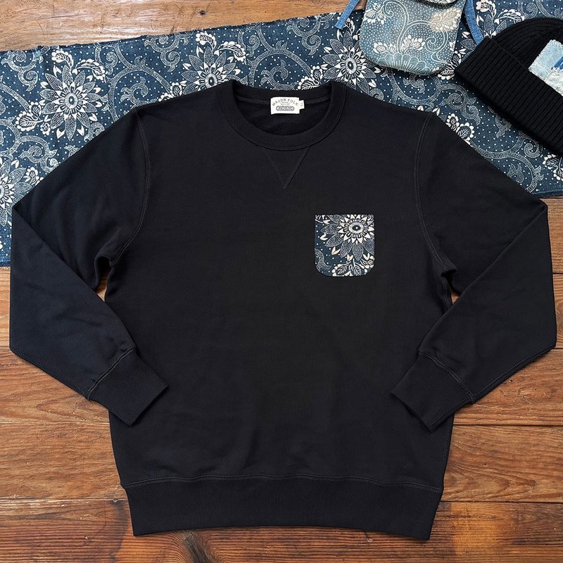 MajorFolk 日系藍染古布 復古花卉口袋長袖重磅黑色衛衣 男女同款 - 帽T/大學T - 棉．麻 
