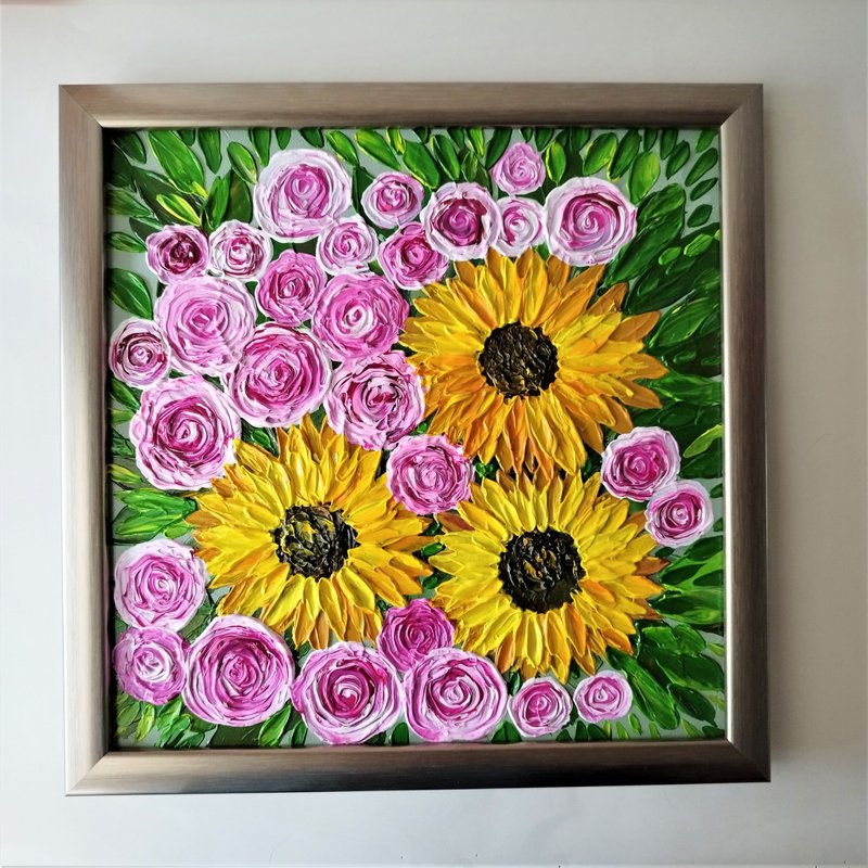 Handmade Acrylic Textured Painting Bouquet of Sunflowers and Roses Flower Art - Wall Décor - Acrylic Multicolor