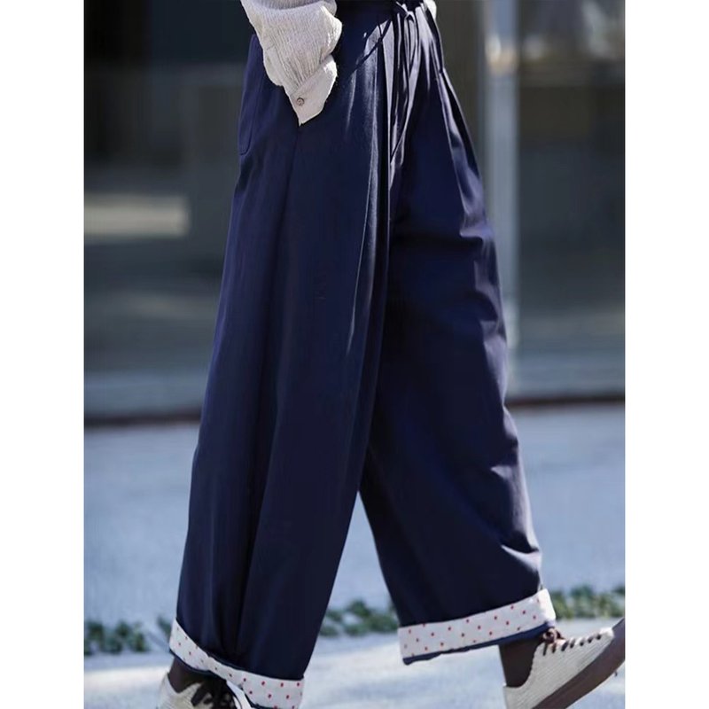 靛青色雙股紗支織造松緊腰直筒棉褲 - 女長褲 - 棉．麻 