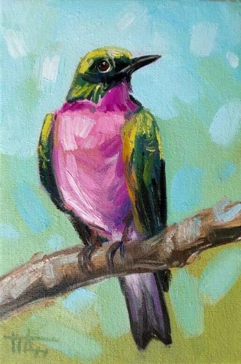 Original Oil Painting on Canvas Bird with Pink Plumage 15 x 10 cm Bright Bird - ตกแต่งผนัง - วัสดุอื่นๆ หลากหลายสี