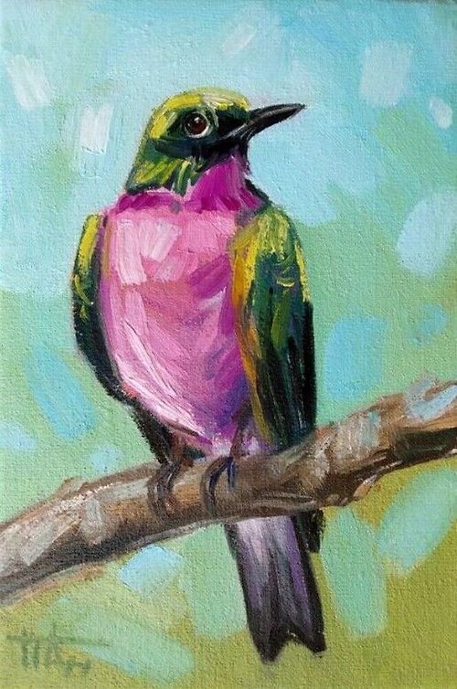 Diven.art Original Oil Painting on Canvas Bird with Pink Plumage 15 x 10 cm Bright Bird