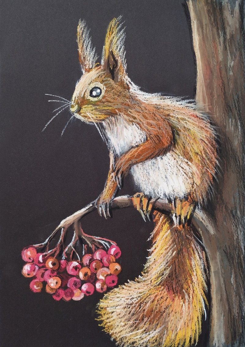 Squirrel painting forest Painting Portrait animal art drawing rowan berries art - 壁貼/牆壁裝飾 - 紙 橘色