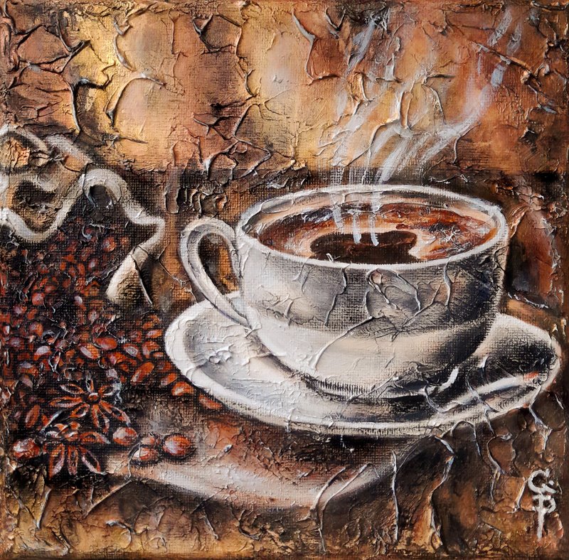 Coffee Cup Painting Oil Canvas on stretch Original Still life Gold Art Acrylic - ตกแต่งผนัง - วัสดุอื่นๆ สีทอง