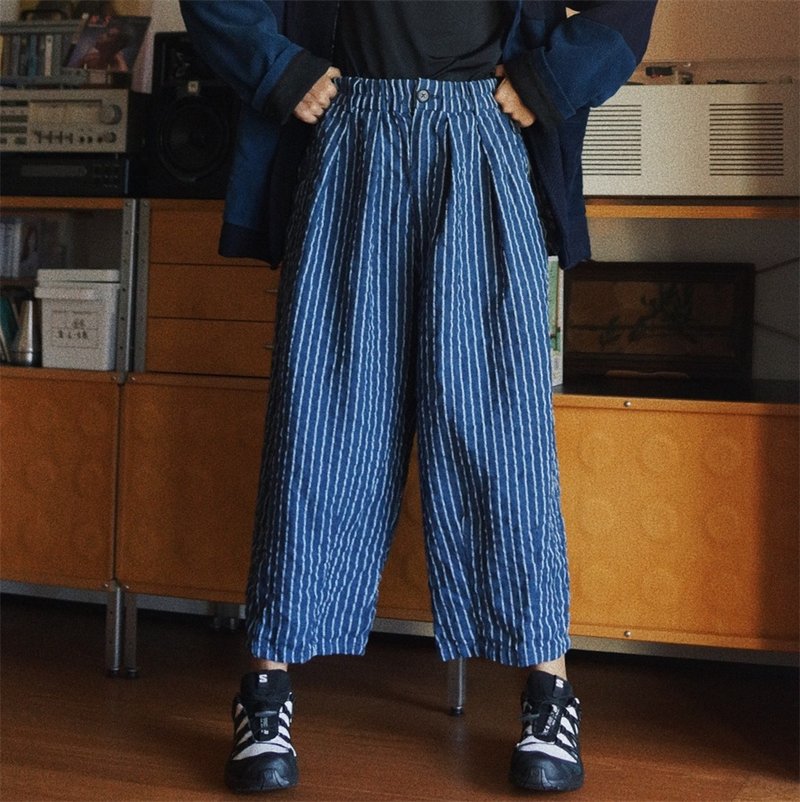 Blue and white striped sand-washed heavy linen oversized lantern pants, unisex and versatile, elastic waist - กางเกงขายาว - ผ้าฝ้าย/ผ้าลินิน สีน้ำเงิน