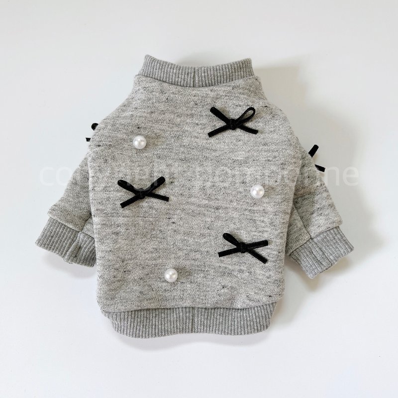 Dog Wear・Pearl & Ribbon Sweatshirt - Gray - ชุดสัตว์เลี้ยง - ผ้าฝ้าย/ผ้าลินิน สีเทา