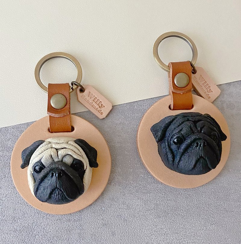 Q version pug leather key ring / two styles [free engraving English characters] - ที่ห้อยกุญแจ - เรซิน สีเหลือง