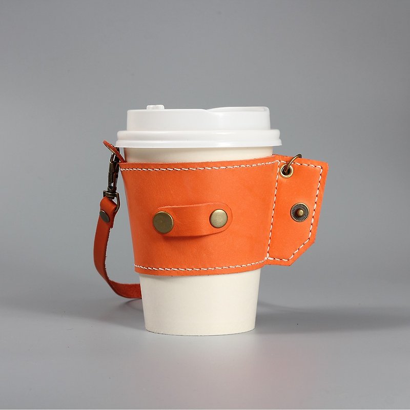 Roll up leather drink bag Vegetable tanned leather cup Green drink bag Handmade leather sewing Small and easy to store original goods - Orange ~ ~ Promotion period March 31 before the 10% discount - Beverage Holders & Bags - Genuine Leather Orange