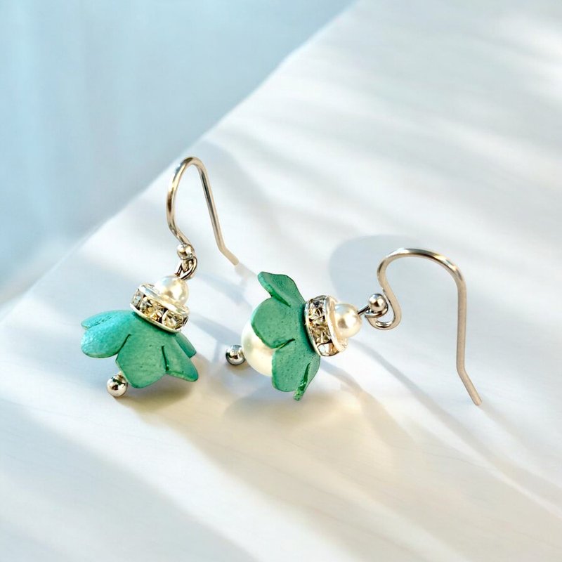 Leather Earrings Dance Flower Skirt Crystal Pearl Earrings Mini Version - Items for Display - Genuine Leather Green