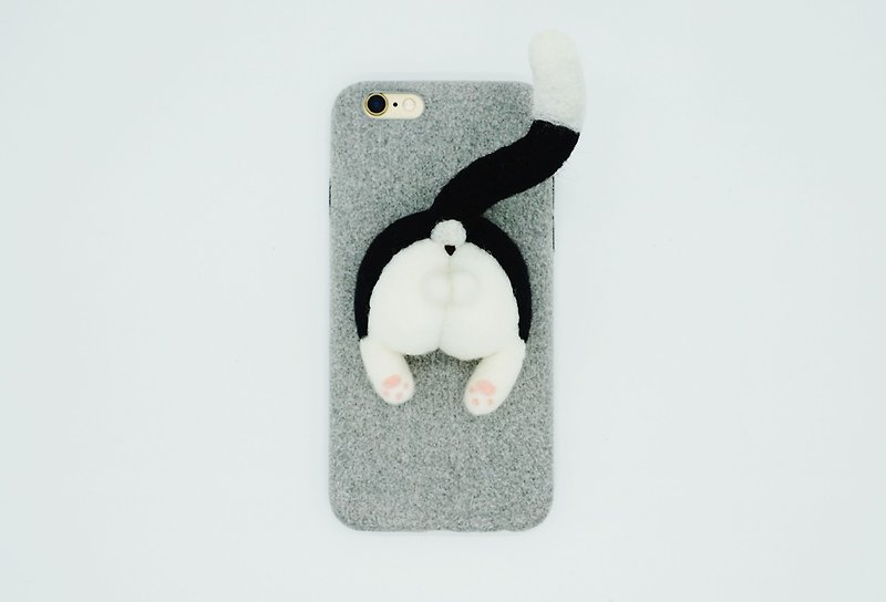 Needle Felting Black and White Cat's Butt Phone Case, Wool Felt Cat's Ass Phone  - เคส/ซองมือถือ - ขนแกะ สีดำ