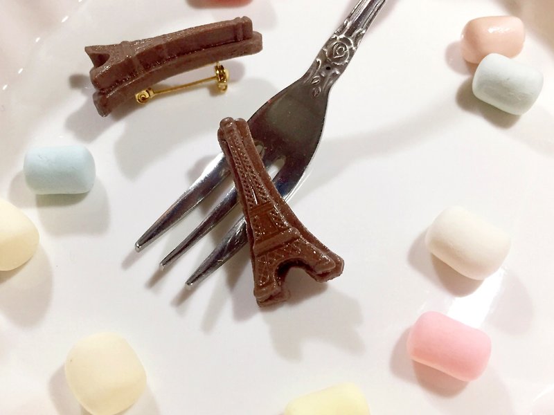 Romantic Paris Tower Chocolate Brooch | Simulation Dessert Clay Pins - Brooches - Clay Brown