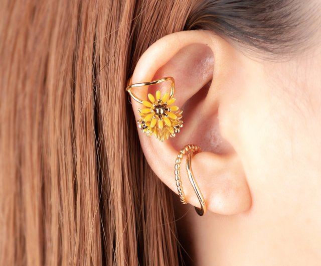レモンクォーツ ひまわりカービング 着せ替えピアス 秋露のきらめき