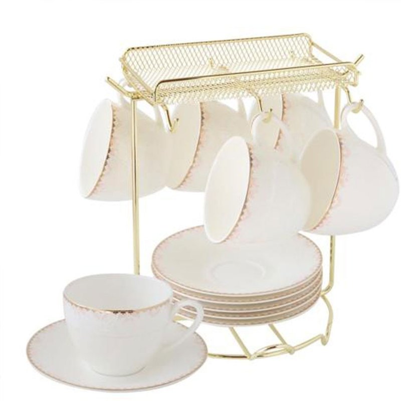 JUST HOME Xinlian bone china six-cup and plate set (with gold stand) - Teapots & Teacups - Other Materials White