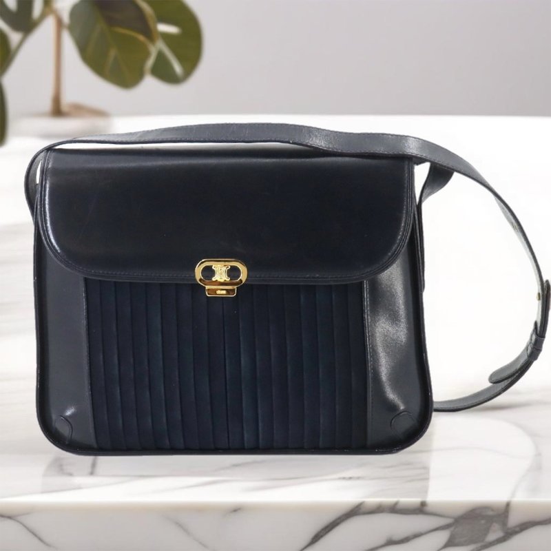 Rare second-hand Celine patchwork leather navy blue Arc de Triomphe leather side back single shoulder handbag small bag - Messenger Bags & Sling Bags - Other Materials Black