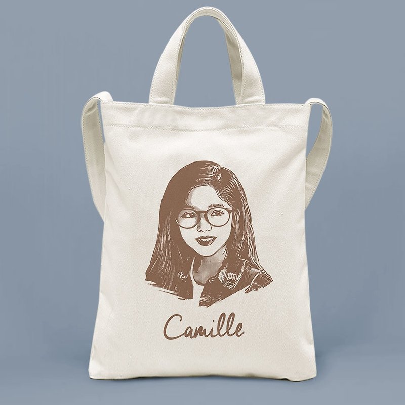 Customized character pet painting / shoulder portable two-use canvas bag (simple style) - Customized Portraits - Cotton & Hemp White