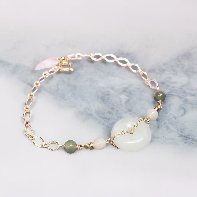 Ice white jadeite peace buckle bracelet 14K gold filled | Natural Burmese jade A grade jadeite | Gift - Bracelets - Jade Transparent