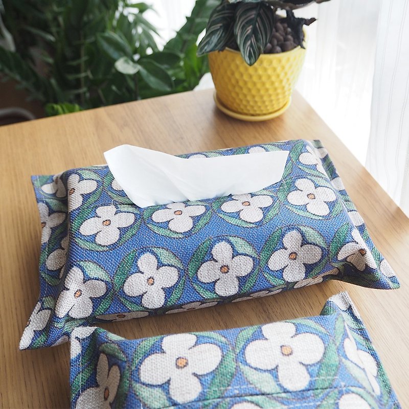 Blue Summer Retro Tiled Paper Tray Natural Linen Printed Tissue Box - Tissue Boxes - Linen Blue