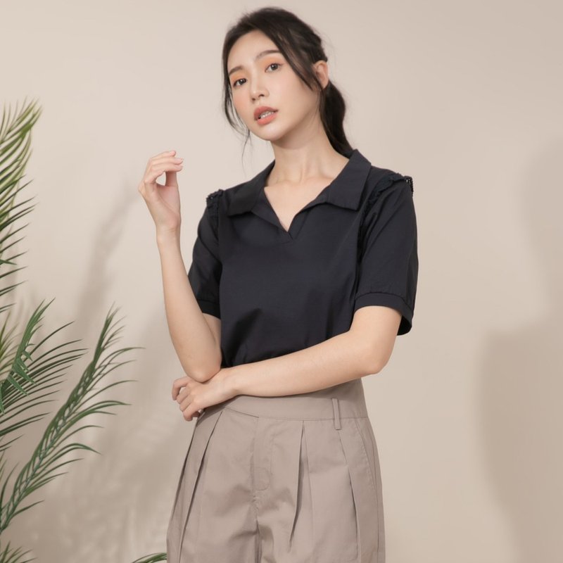【MEDUSA】小蕾絲造型純棉 Polo 衫 - 藍 (M-XL) | 女上衣 純棉 - 女 T 恤 - 棉．麻 藍色