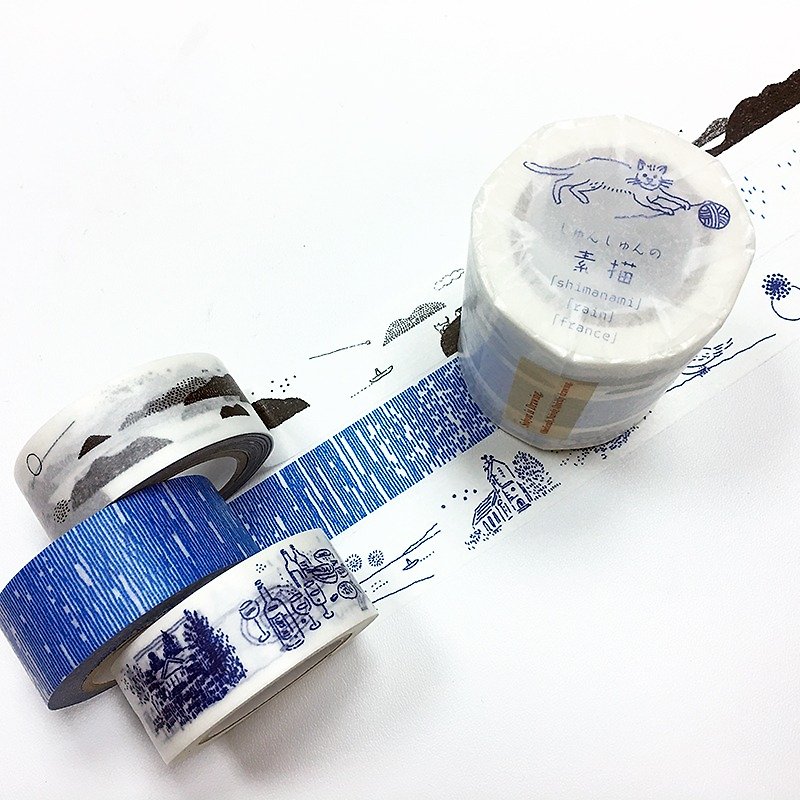 Classiky x shun shun Masking Tape【3-roll Set (23203-01)】 - มาสกิ้งเทป - กระดาษ สีน้ำเงิน