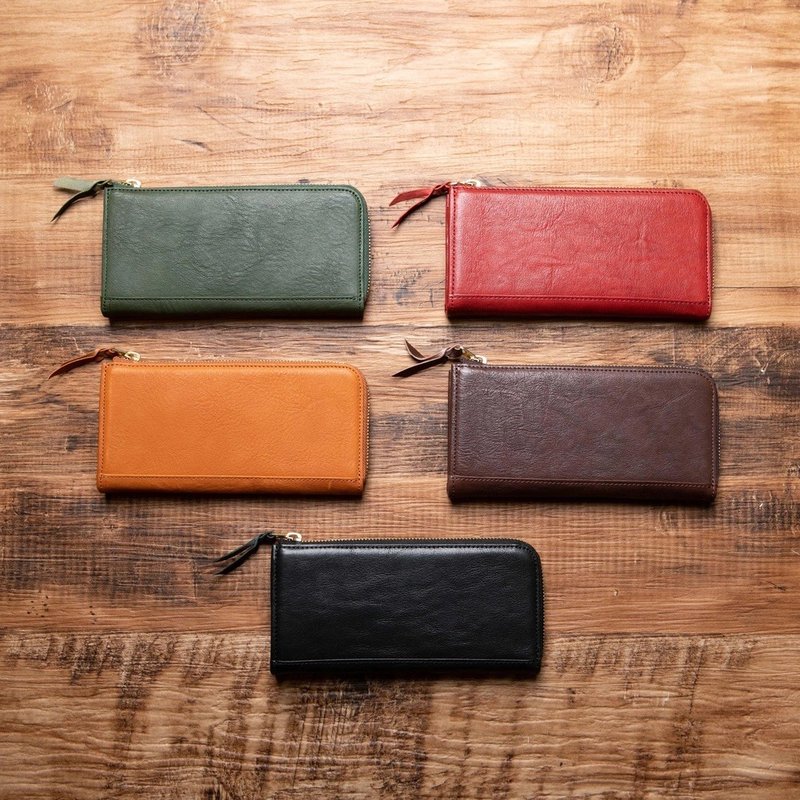 Made to order Tochigi leather L-shaped zipper long wallet made in Japan cowhide leather genuine leather name engraving - กระเป๋าสตางค์ - หนังแท้ สีส้ม