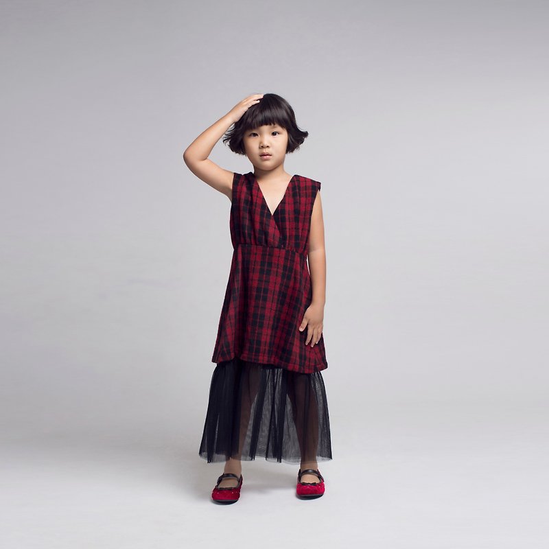 Mesh Skirt Tartan Check Dress / FW2016 - 童裝禮服 - 羊毛 紅色