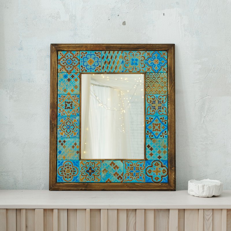 Turquoise mirror with handpainted tiles and wood frame - 壁貼/牆壁裝飾 - 木頭 藍色