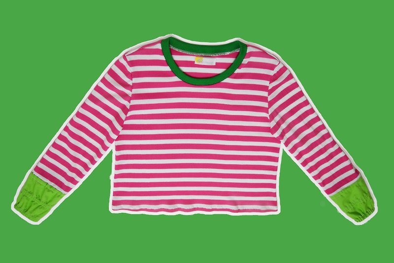 桃紅條紋拼草綠束袖口長袖上衣 - 女上衣/長袖上衣 - 其他人造纖維 粉紅色