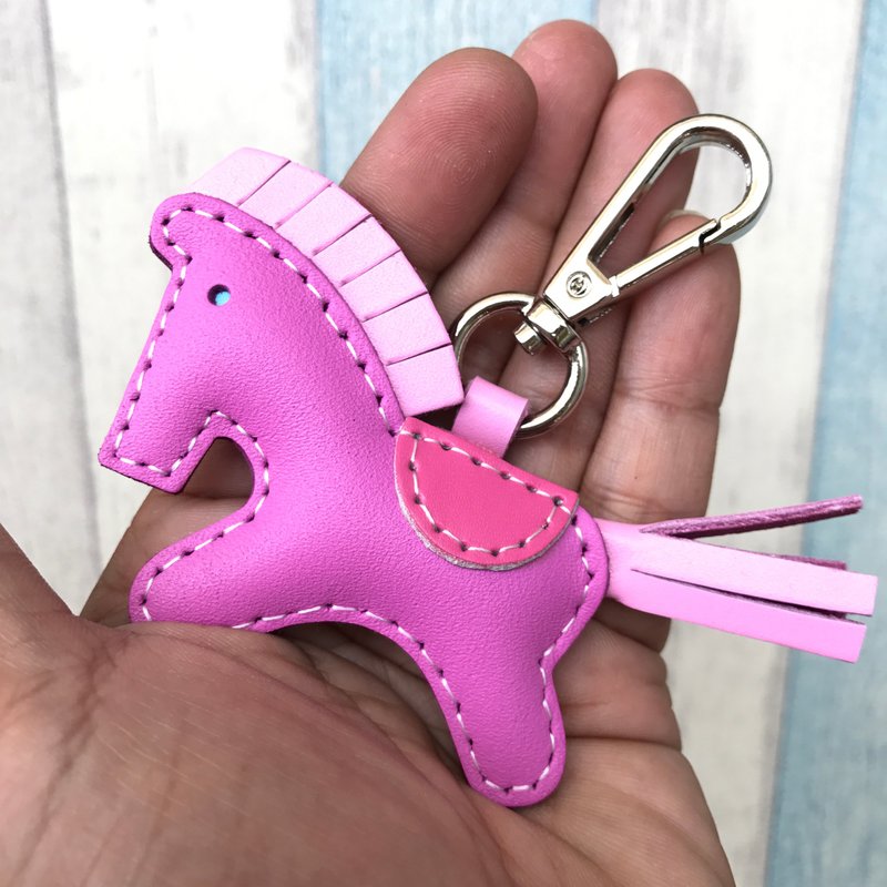 Treatment was smaller Peach color cute pony hand sewn leather keychain size - Keychains - Genuine Leather Pink