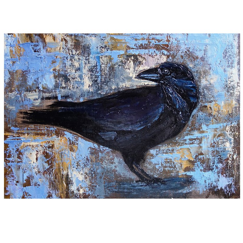 Crow Painting Oil Black Bird Original Art Animal Artwork Raven Canvas Art - 掛牆畫/海報 - 其他材質 多色