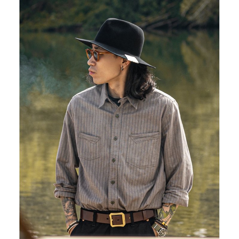 ワーク長袖シャツ ウエスタンシャツ ソルト＆ペッパーストライプ 5色糸織り 秋冬 アメリカンヴィンテージ - シャツ メンズ - コットン・麻 グレー