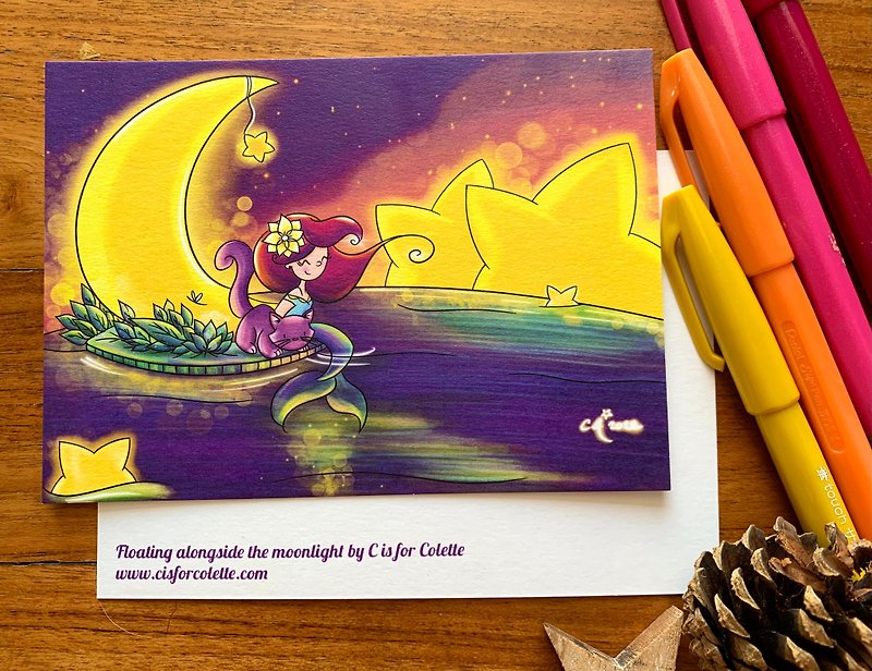 Floating underneath the moonlight postcard - 心意卡/卡片 - 紙 紫色
