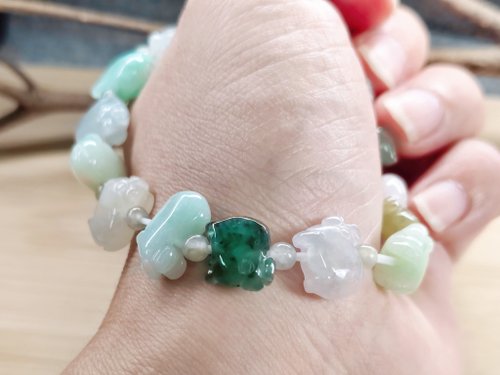 天然本翡翠　色が極めて、上質な氷種金紅カラ—小粒ビーズ＆3色のハートブレスレット Pro-Cui 天然翡翠 Ice Duovao マルチカラーのかわいい豚の