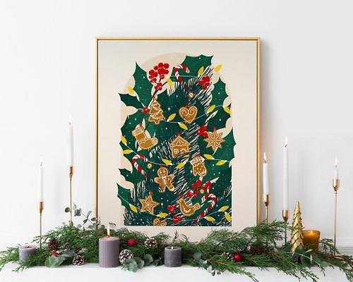 daashart 可打印的聖誕海報薑餅食品牆藝術冬青植物和聖誕樹
