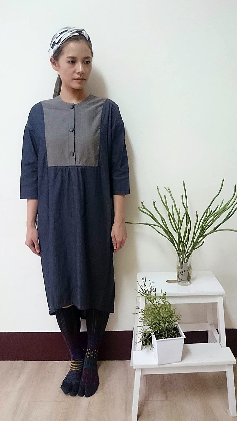 Combed tannin series: round neck cardigan splicing short in front long sleeve dress - One Piece Dresses - Cotton & Hemp 