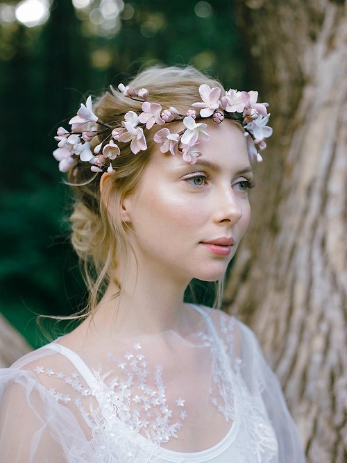 SunnyFlowers Sakura bridal flower crown - Boho wedding floral tiara - Dusty rose crown