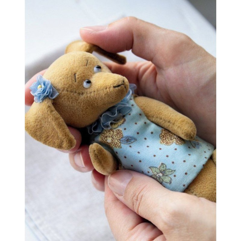 Artist little teddy bear dog dashshund girl in dress, plush soft toy - Other - Other Materials Brown