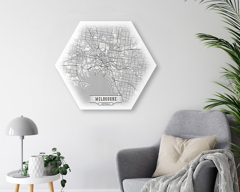 Melbourne Australia Canvas Map, Australia Hexagonal Wall Art, Unique Travel gift - 壁貼/牆壁裝飾 - 其他材質 灰色