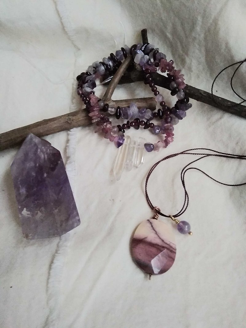 (unique) Amethyst Garnet Tourmaline Tourmaline Purple Fluorite White Crystal Bracelet Necklace - Bracelets - Gemstone Purple
