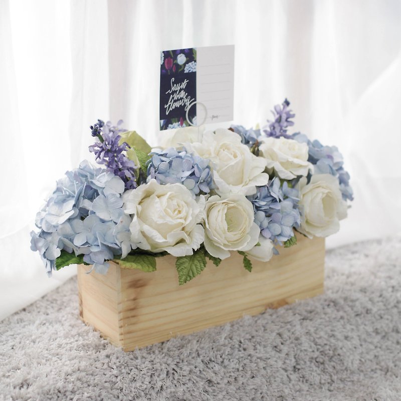 DT102：木箱花ダイニングテーブルの装飾青と白の色合いで - 置物 - 紙 ブルー