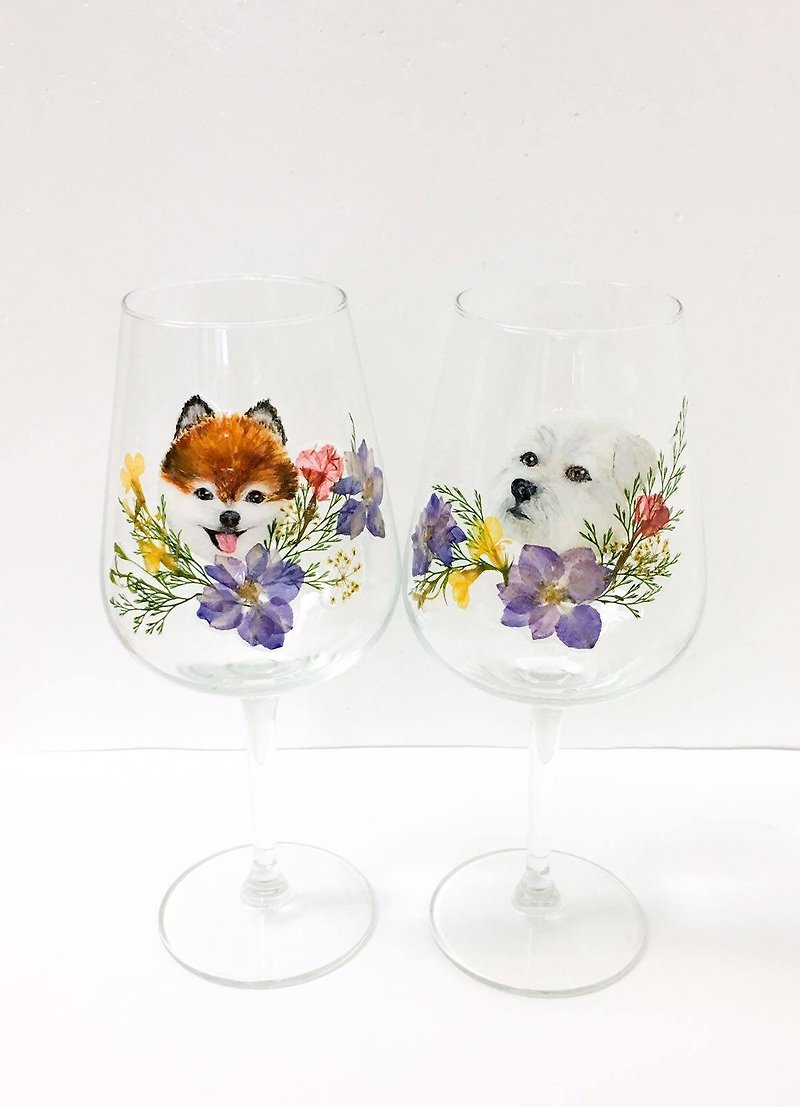 Exclusive order-hand-painted animal pressed flower wine glasses for wedding - Teapots & Teacups - Plants & Flowers Multicolor