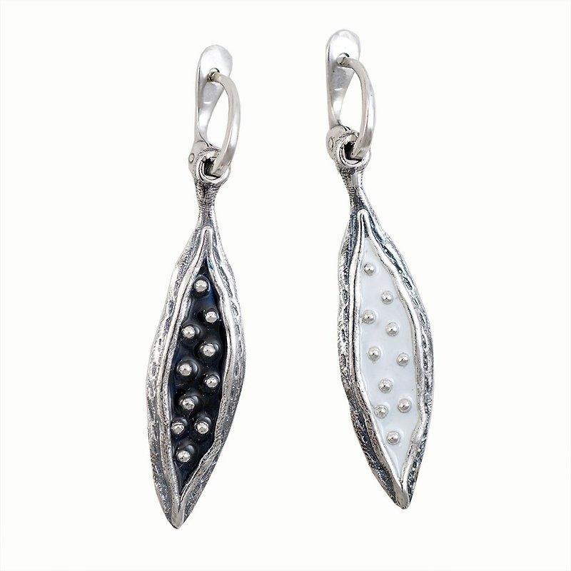 Silver Enamel Earrings / 純銀耳環 / Leaf Earrings / Hand Made Earrings / - Earrings & Clip-ons - Sterling Silver White