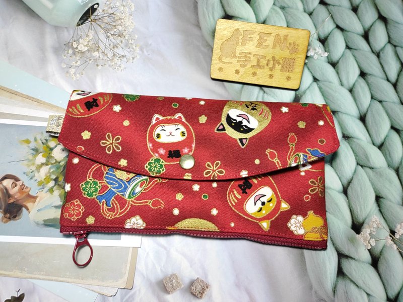 Thick cotton cloth zipper red envelope bag with lucky god Shiba Inu and Bodhidharma Lucky Cat - zipper red envelope bag below - handmade - กระเป๋าคลัทช์ - ผ้าฝ้าย/ผ้าลินิน 