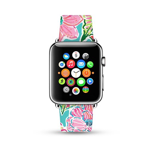 Freshion Apple Watch 真皮手錶帶,適用於所有型號, 水彩畫花 -050