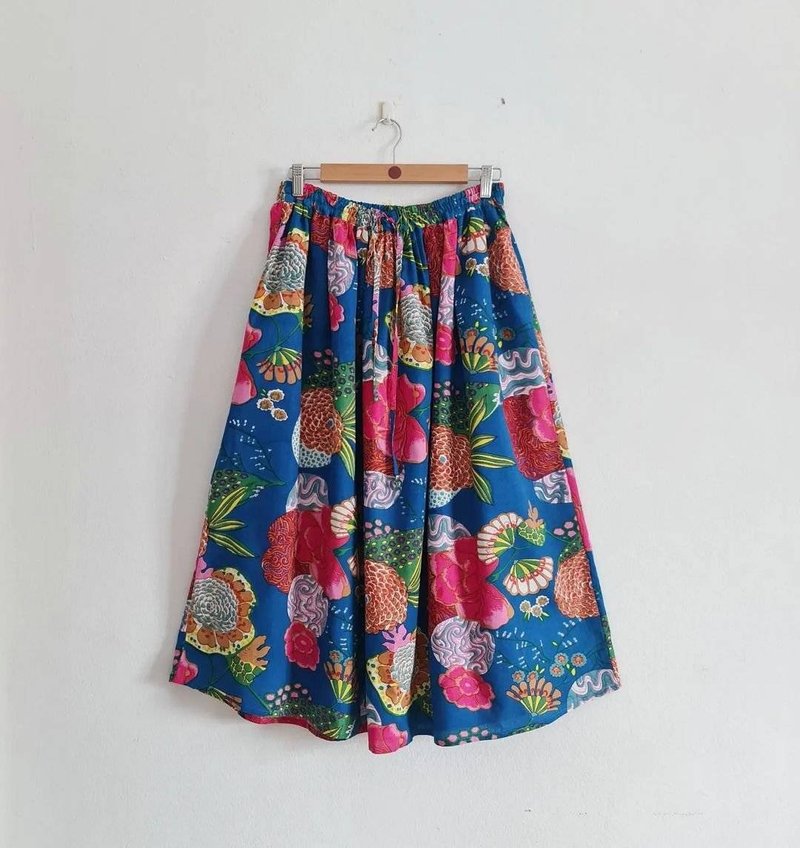 Elastic Waistband Skirt India Screen Print Fabric - Skirts - Cotton & Hemp 