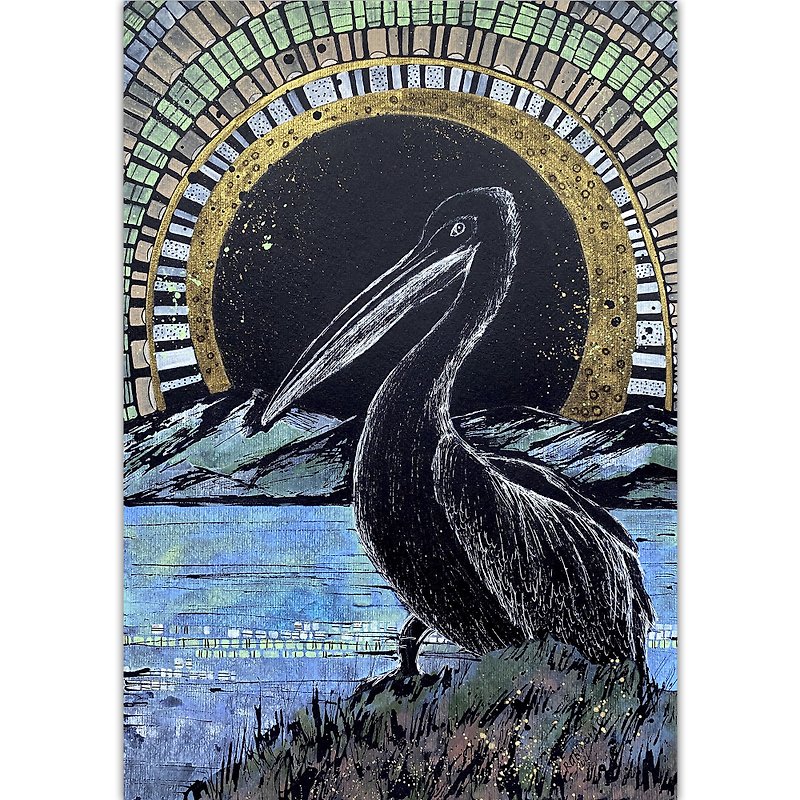 Pelican painting Bird Original art Landscape wall art Black paper artwork