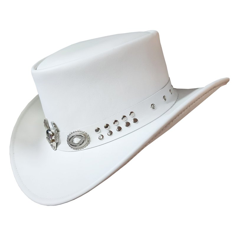 Silver Winged Skull White Leather Cowboy Hat - Hats & Caps - Genuine Leather White