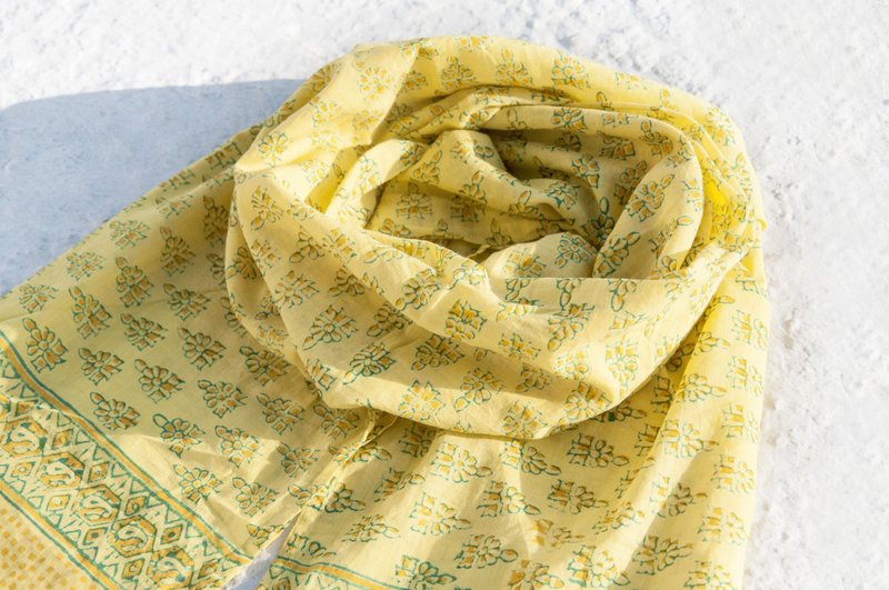 Hand-woven pure silk scarves / handmade wood-printed plant dyed scarves / grass dyed cotton scarves - yellow tassel flowers - Scarves - Cotton & Hemp Yellow