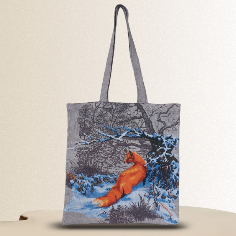 Strong reusable brown tote bag, eco friendly, cotton canvas soft bag with a fox - Handbags & Totes - Cotton & Hemp Brown