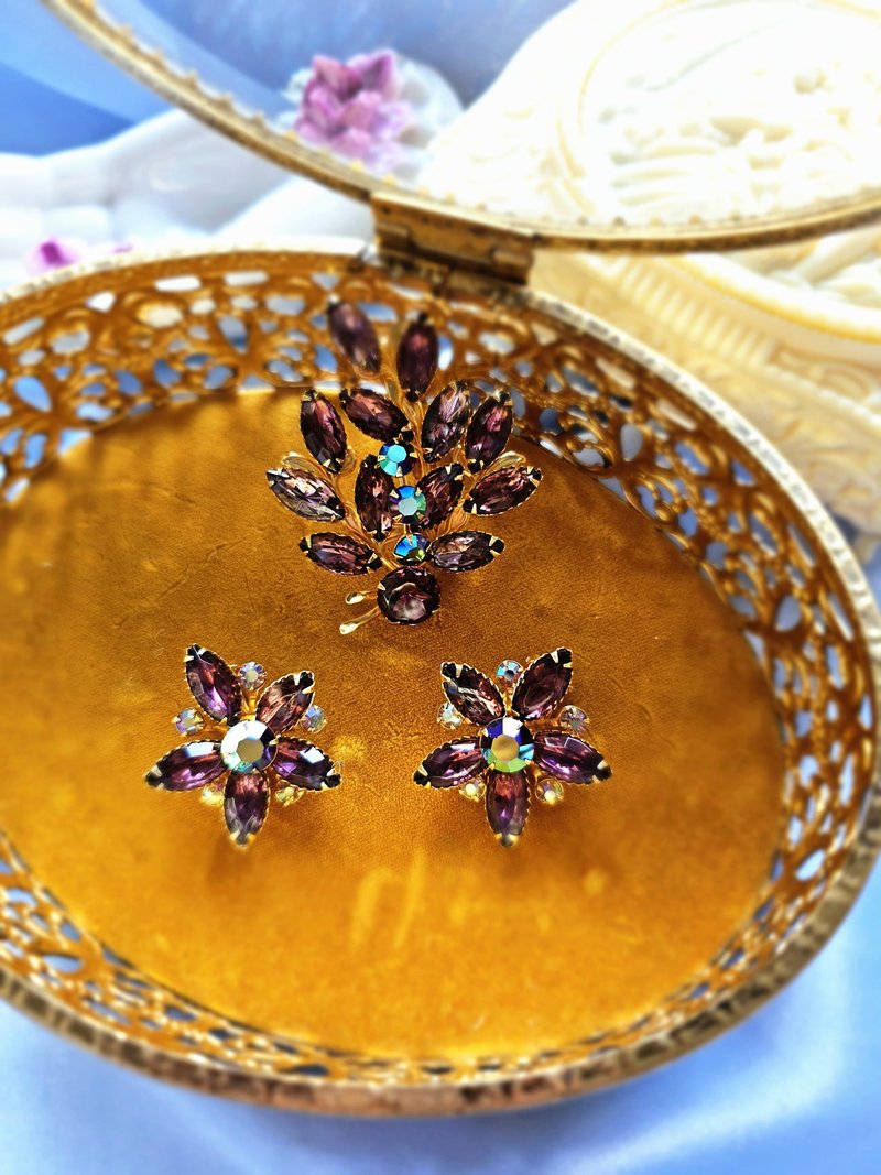 Beau Jewels grape purple pear-shaped Rhine flame flower-shaped brooch/earrings/set/American Western antiques - ต่างหู - โลหะ 