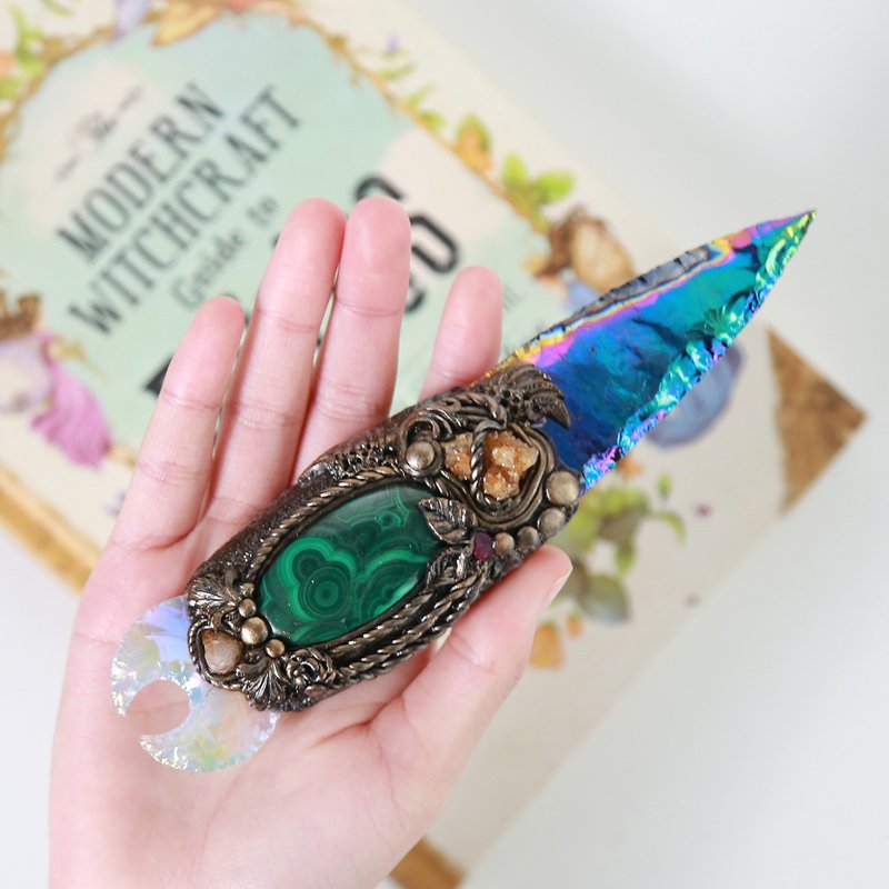 Crystal Magic Wand ~ Malachite with Angel Aura Titanium Coated Arrow - Items for Display - Crystal Blue