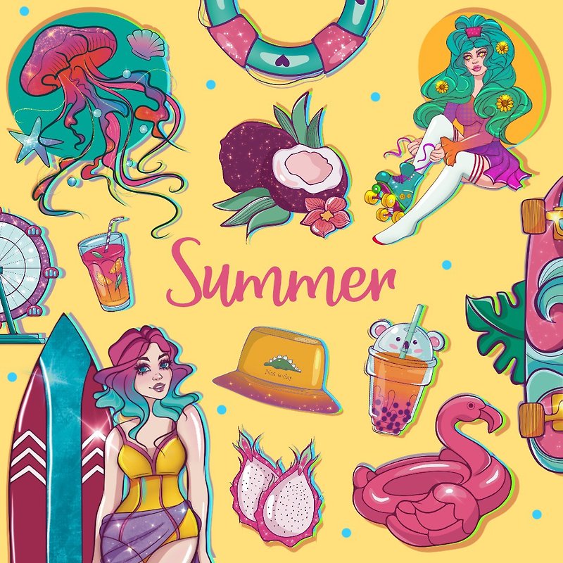Summer Clipart, Summer Illustrations, Beach Party Illustrations - 電子似顏繪/繪畫/插畫 - 其他材質 